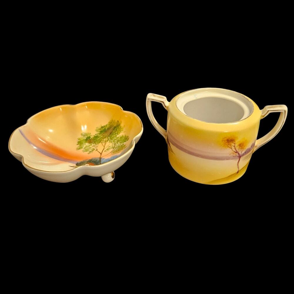 Noritake Hand Painted Scenic Sugar Bowl & Footed Bowl Japan